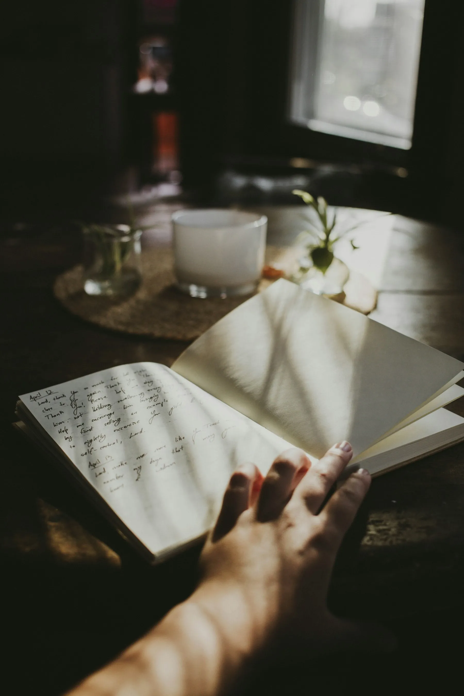 A hand resting on the pages of an open book in warm, dappled window light